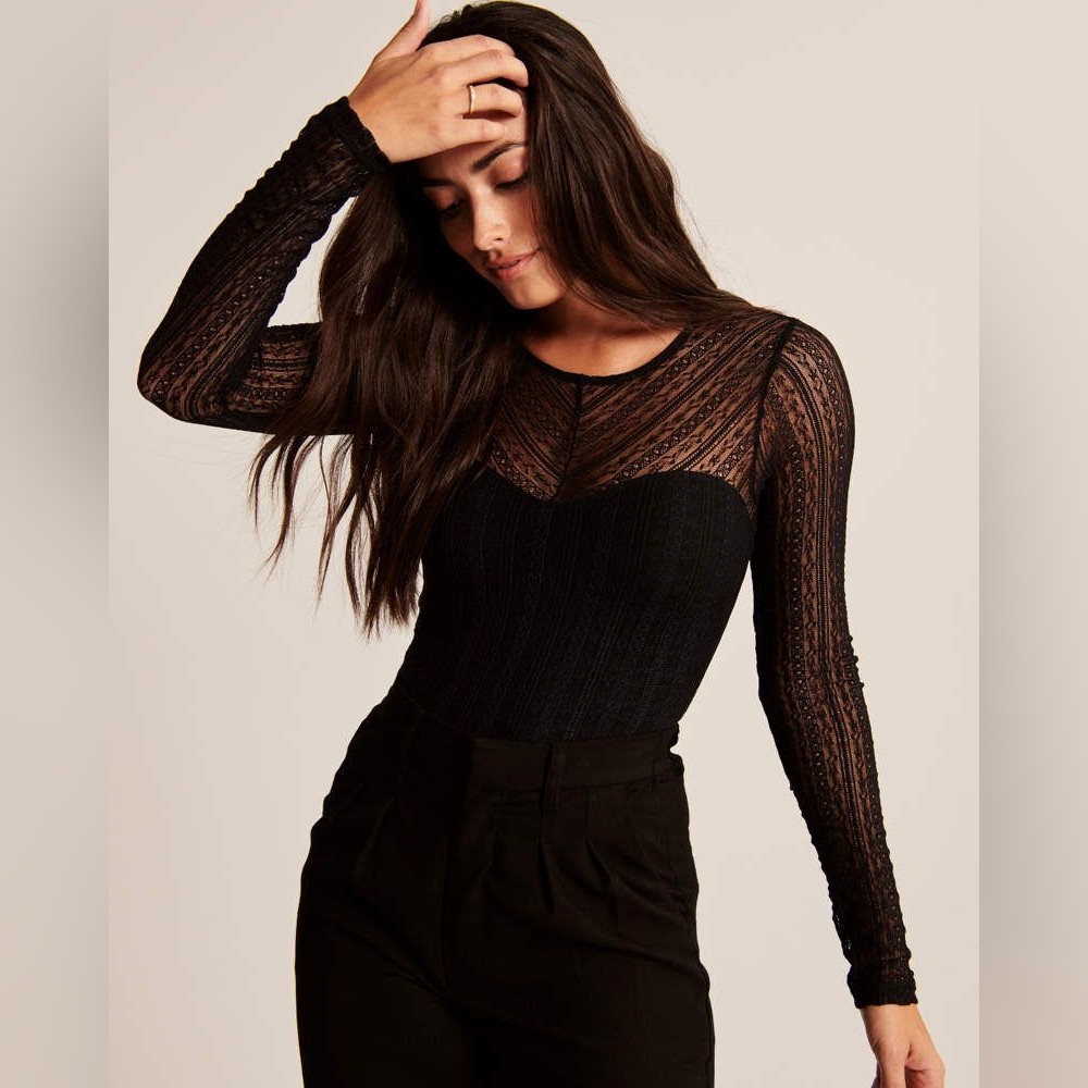 Abercrombie and Fitch Black Lace Mesh Bodysuit New With Tags Medium Long Sleeve